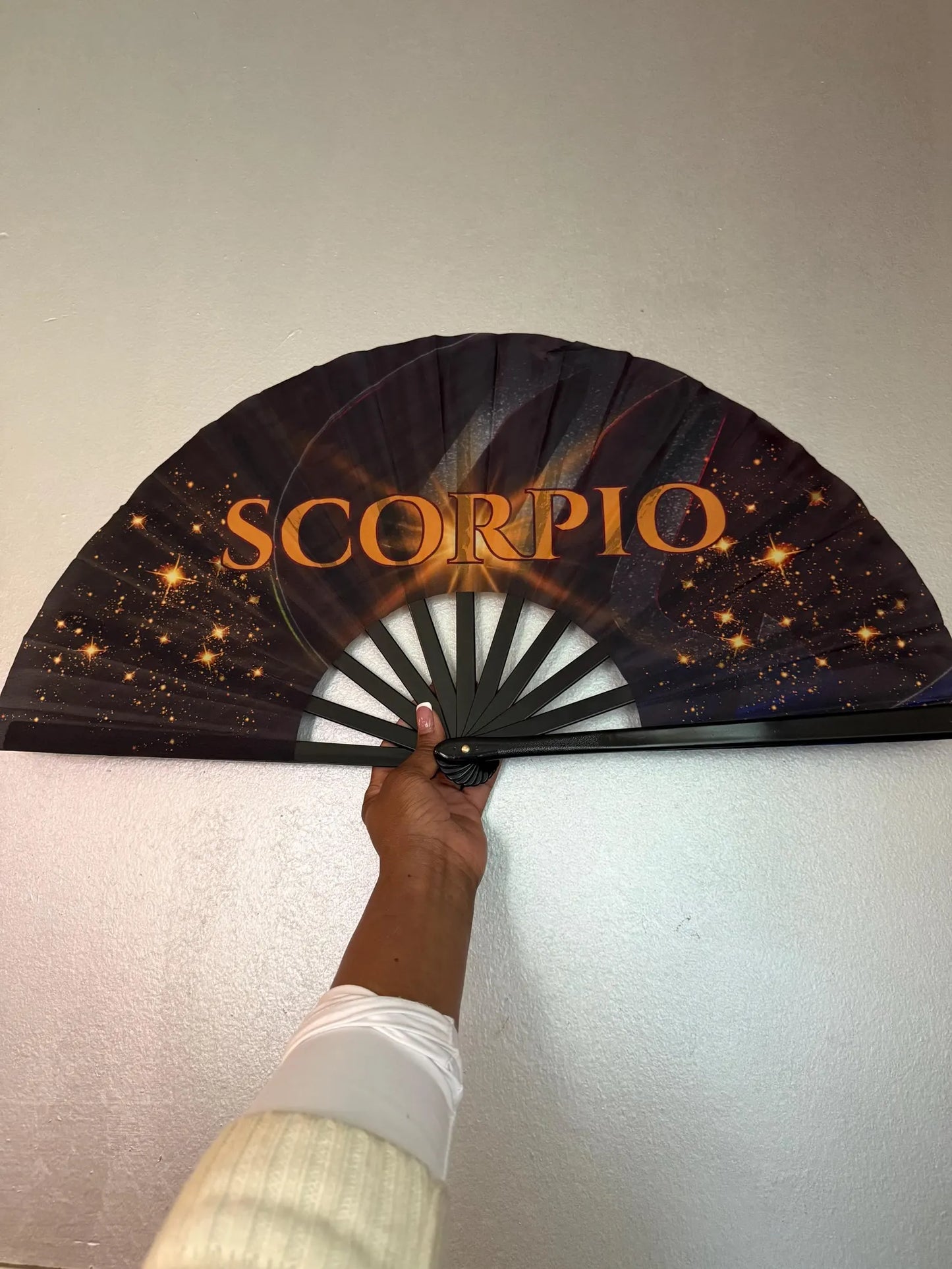 Scorpio Zodiac Hand Fan - Folding Astrology Fan w/ Dark Galaxy Art Celestial Horoscope Clack Fan for Line Dancing Handheld Fan Birthday Gift