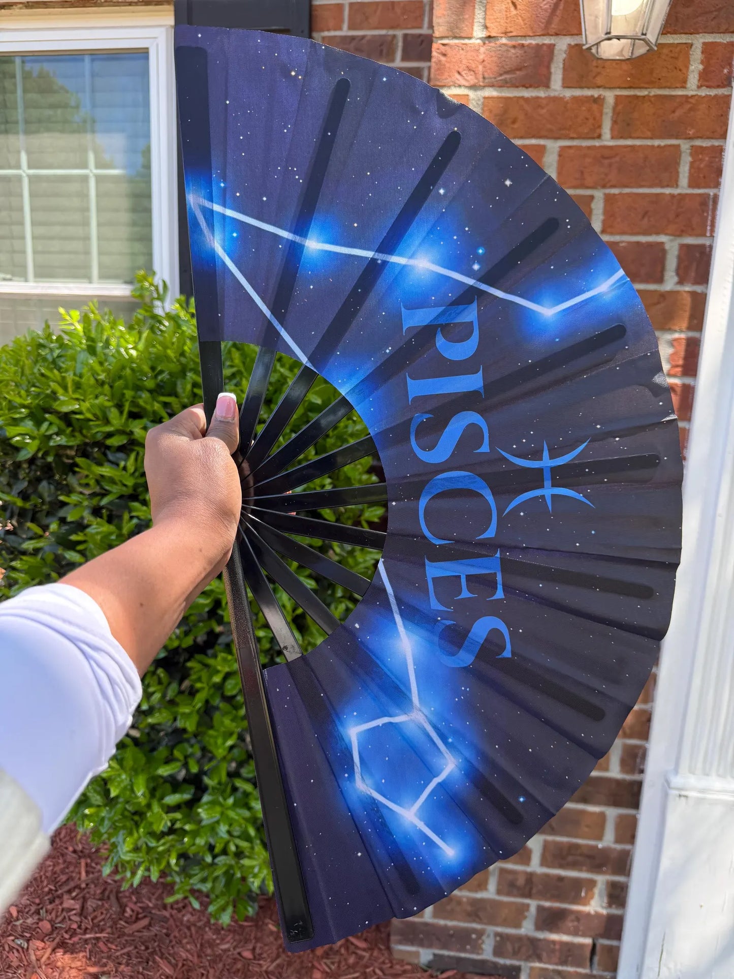 Pisces Zodiac Folding Fan – Clacking Hand Fan w/ Starry Cosmic Art, Celestial Fan, Astrology Gift for Virgo Birthday, Festival Handheld Fan