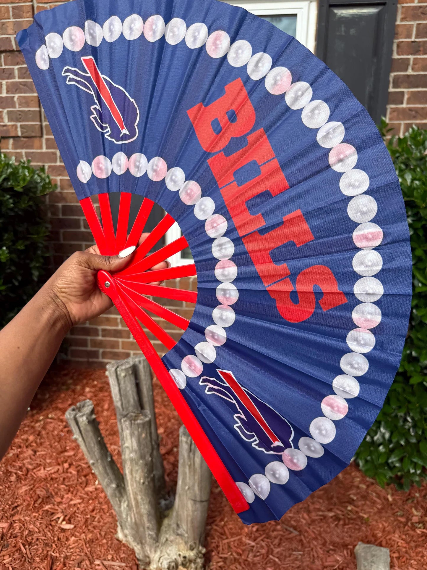 Bills Folding Hand Fan with Red Ribs, Oversized Blue Clack Fan for Game Day, Football Parties, Tailgating, Sports Gifts, and Fans