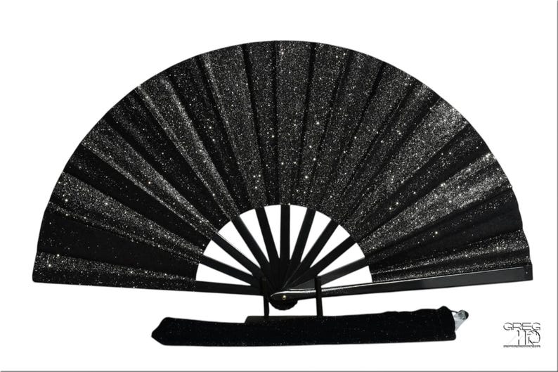 Black Glitter Hand Fan - Large Folding Fan, Black Clack Fan, Folding Hand Fan, Dark Clack Fan, Boots on Ground Hand Fan, Line Dancing Fan