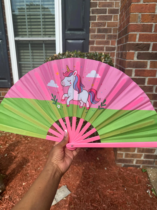 Unicorn Folding Hand Fan for Kids, Loud Clack Fan with Pink Green Colors, Birthday Party Favor, Magical Gift,