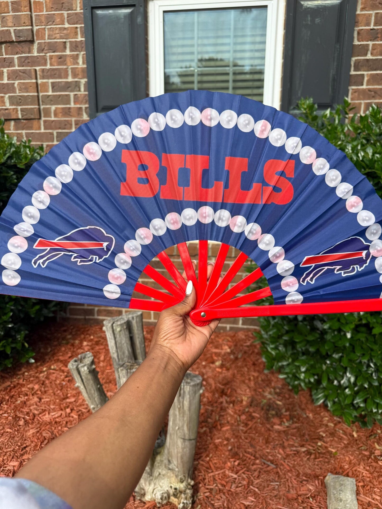 Bills Folding Hand Fan with Red Ribs, Oversized Blue Clack Fan for Game Day, Football Parties, Tailgating, Sports Gifts, and Fans